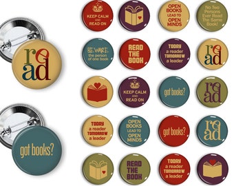 Book Lovers BookClub Librarian reading pins  Pin Back Button Party Favors Books Reading 1.25 inch Buttons