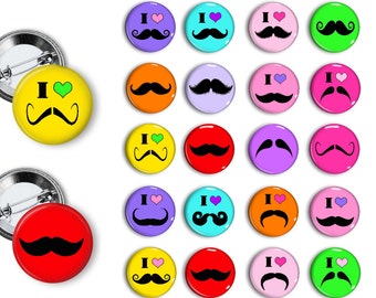 I Heart Mustache Pins Mustache Buttons Mustache party Favors 1.25 inch pinback buttons pins badges magnets