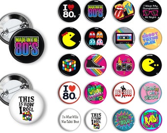 Totally 80's Party Theme Party Favors set of  1.25 inch Pin back Buttons 1980's party theme