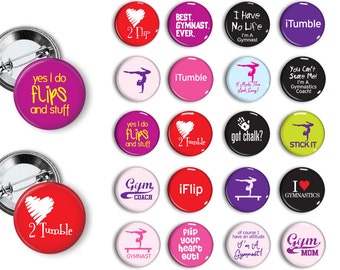 Gymnast Gymnastics Tumbling (set 2) Pin Back Button Party Favors  1.25 inch Buttons Student Reward