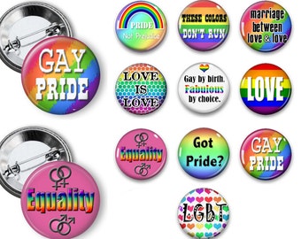 LGBT Gay Pride Theme Party Favors set of 10 1.25 inch Pin back, flatback, hollow back, magnets