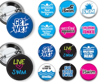 Swim Swimmer Swimming Theme Party Favors set of 12 1.25 inch Pin back Button Student Reward pin badges magnets