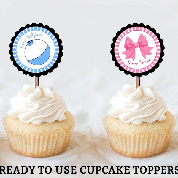 Bobbers or Bows Cupcake Toppers Gender Reveal Cupcake Toppers Gender Reveal Decorations Gender Reveal Ideas Fishing Bobbers Bows