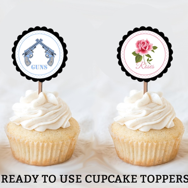 Guns or Roses Cupcake Toppers Gender Reveal Cupcake Toppers Gender Reveal Decorations Gender Reveal Ideas Blue Guns Pink Roses