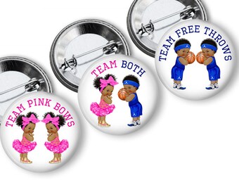 Gender Reveal Pins Free Throws or Pink Bows  Twin Gender Reveal Party Favors Gender Reveal Buttons Basketball Theme pins buttons badges