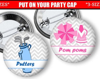 Gender Reveal Pins Putters or Pompoms Golf theme Gender Reveal Party Favor  pinback button party favors pins badges Team Boy Team Girl