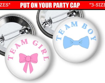 Gender Reveal Pins Bow Tie and Bow Team Boy Team Girl  Pink and Blue Pinback Button Party Favors Gender Reveal Party 1.25, 1.75, or 2.25 in.