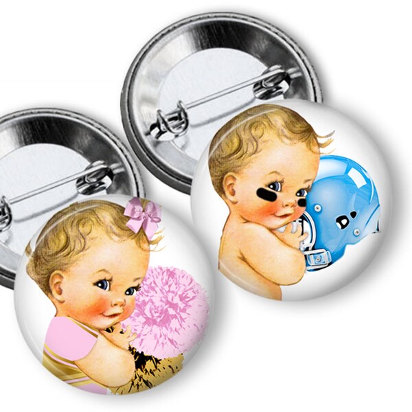 Gender Reveal Pins Football or Pom poms Gender Reveal Party Favors Gender Reveal  buttons Team Buttons Quarterback or Cheerleader