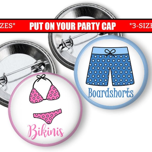 Gender Reveal Pins Bikinis or Board shorts Gender Reveal  Party Favors Gender Reveal  Buttons pins badges Baby shower Game Board shorts