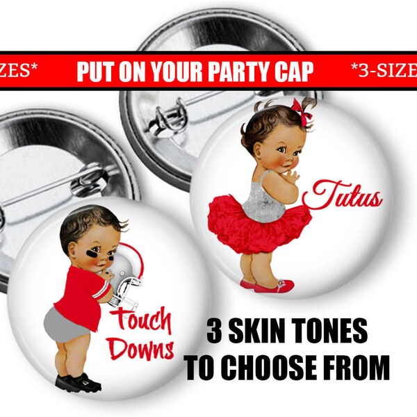 Gender Reveal Pins Touchdowns or Tutus Gender Reveal Party Favors Buttons Gender reveal Ideas Football Theme Scarlet Red and Gray/Silver