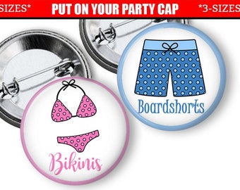 Gender Reveal Pins Bikinis or Board shorts Gender Reveal  Party Favors Gender Reveal  Buttons pins badges Baby shower Game Board shorts