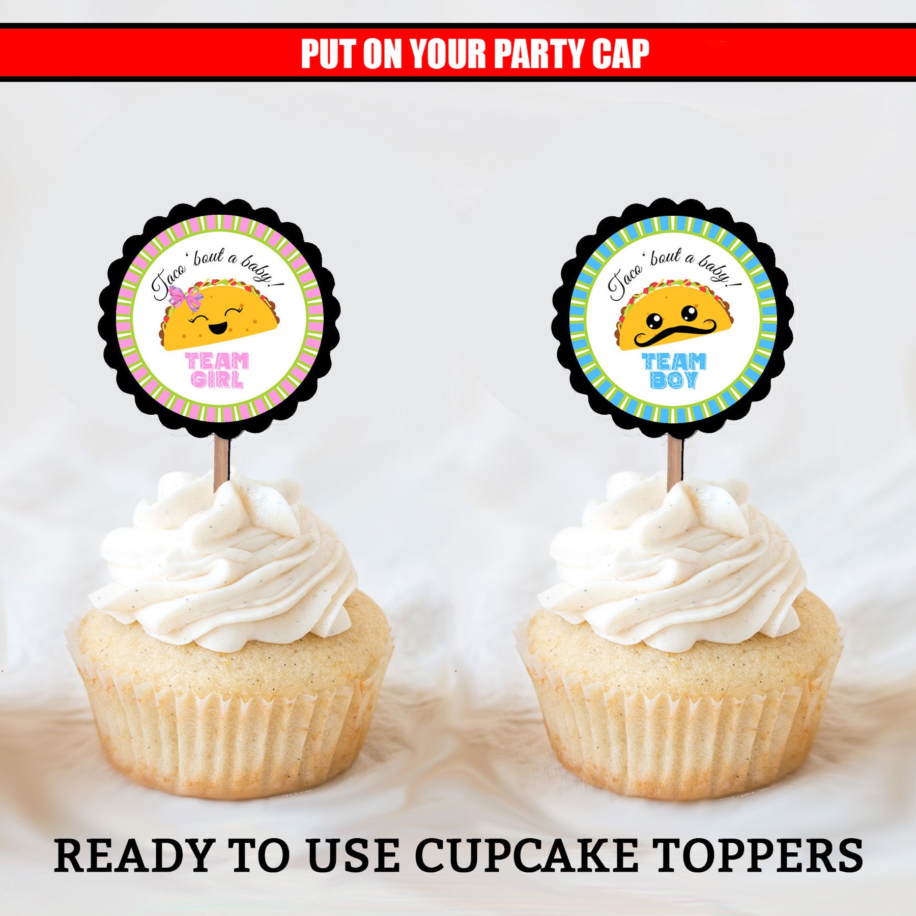 Taco Bout a Baby Cupcake Toppers Gender Reveal Cupcake Toppers Gender Reveal Decorations Gender Reveal Ideas Fiesta Theme