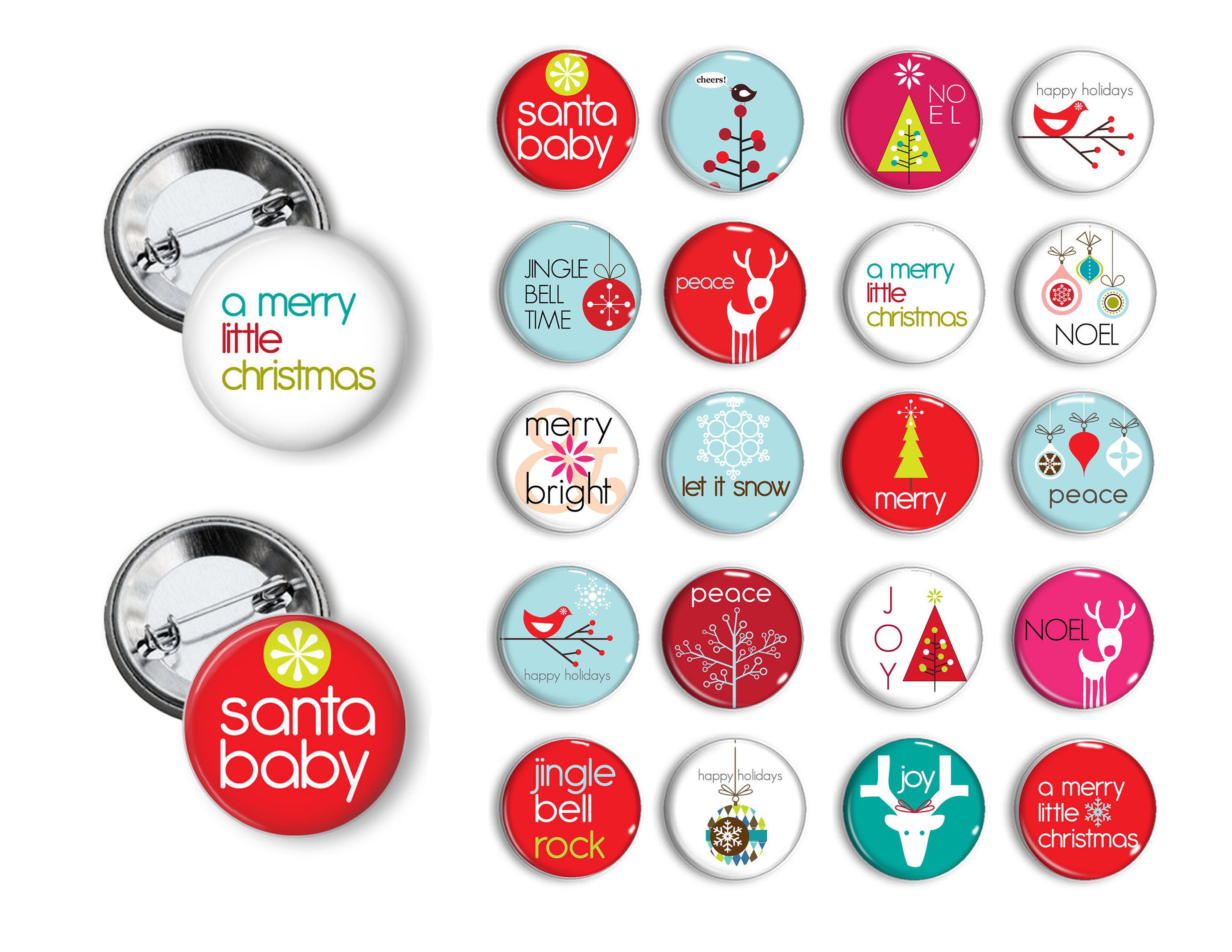 Mod Christmas Pins Santa Buttons 1.25 inch pinback buttons pins badges  magnets Party favors