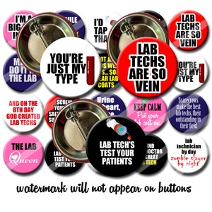MLT LT Lab Tech Button set Humor Funny Pin Back Button Party Favorise les boutons de 1,25 pouce Technicien de laboratoire médical image 1