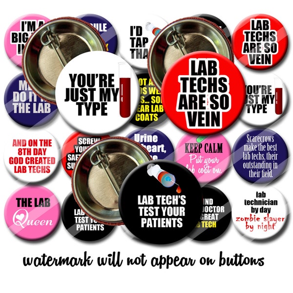 MLT LT Lab Tech Button set  Humor Funny  Pin Back Button Party Favors  1.25 inch Buttons Medical Lab Technician