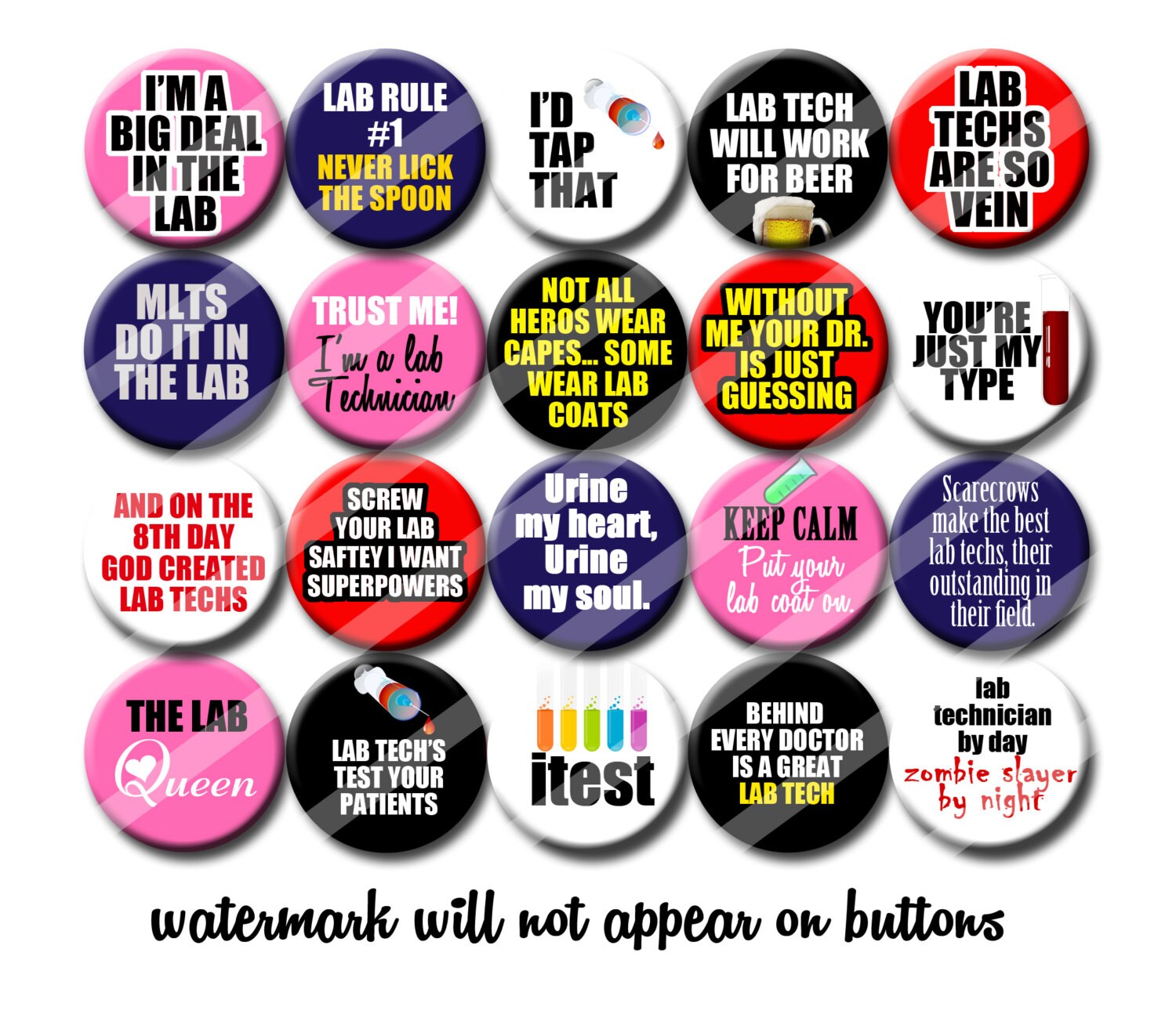 MLT LT Lab Tech Button set Humor Funny Pin Back Button ...
