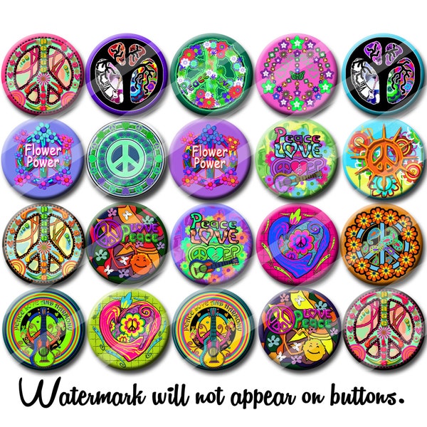 Peace and Love 60's Hippie party favors 1.25 inch pinback buttons pins badges or magnets  Collectible Pins or Party Favors