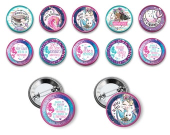 Mermaid Pins Mermaid Buttons 1.25 or 1.75 inch pinback buttons pins badges magnets Student reward Gift Party Favors