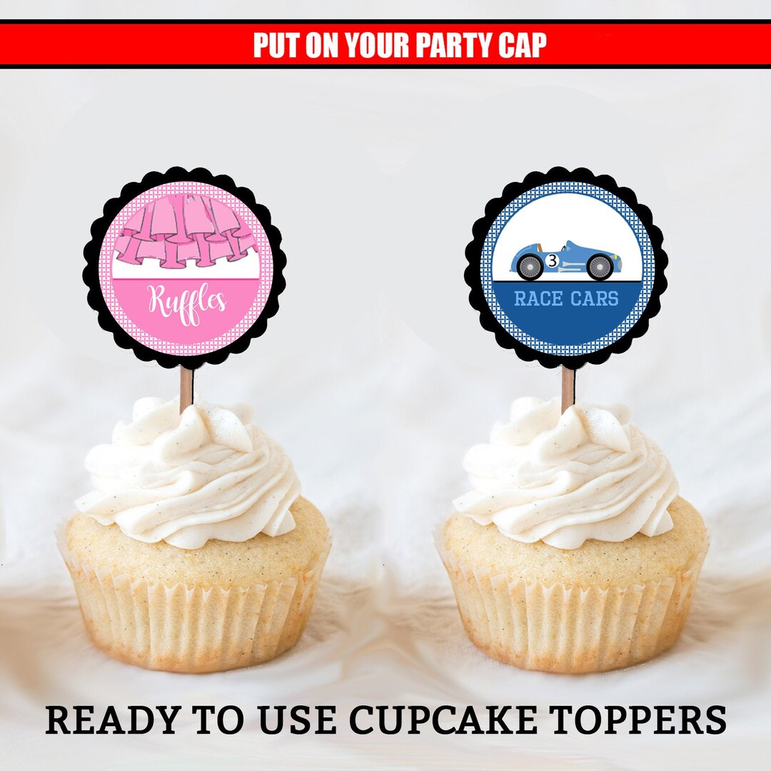 Race Cars or Ruffles Cupcake Toppers Gender Reveal Cupcake Toppers ...