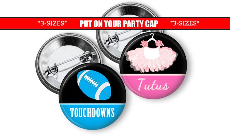 Touchdowns or Tutus Gender Reveal Pins Touchdowns or Tutus Gender Reveal Buttons Gender Reveal Party Favors Reveal Ideas image 1