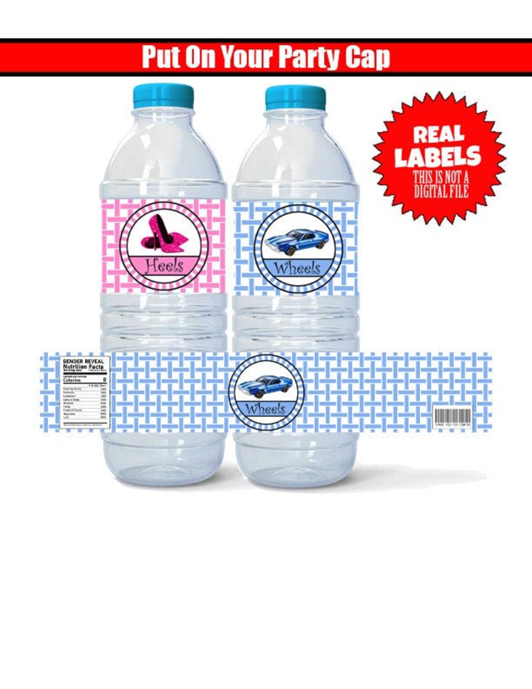 Waterproof Water Bottle Labels, Wheels or Heels Gender Reveal