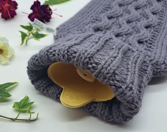 Hand Knitted Hot Water Bottle Cover in Medium Purple with Wave Cable Design Wool Alpaca Blend
