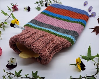 Hand Knitted Hot Water Bottle Cover with Bright Stripes Rainbow Alpaca Yarn