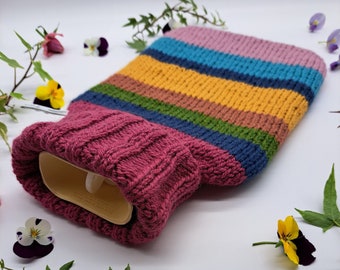 Hand Knitted Hot Water Bottle Cover Rainbow Stripe Alpaca Wool Blend Gift Idea