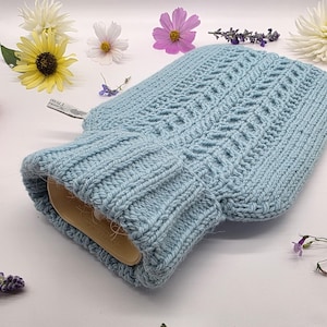 Hand Knitted Wool Alpaca Hot Water Bottle Cover: Aqua Blue Cable Design