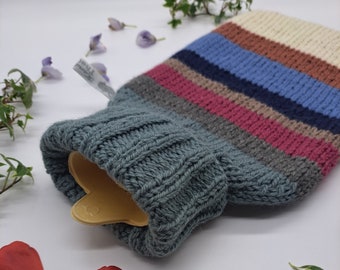Hand Knitted Hot Water Bottle Cover with Bright Stripes Rainbow Alpaca Yarn