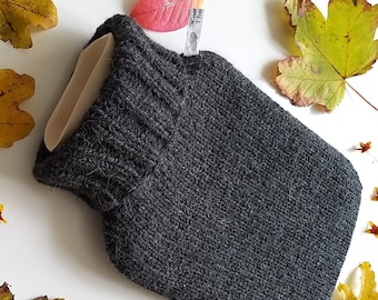 Dark Grey Mix Hand Knitted Hot Water Bottle Cover in Alpaca Wool Blend Gift Idea