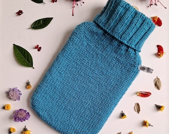 Sea Blue Hand Knitted Hot Water Bottle Cover in Alpaca Wool Blend Gift Idea