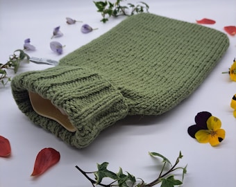 Moss Green Hand Knitted Hot Water Bottle Cover in Alpaca Wool Blend Gift Idea Made in the UK