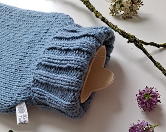 Light Blue Hand Knitted Hot Water Bottle Cover in Alpaca Wool Blend Yarn