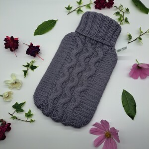 Hand Knitted Hot Water Bottle Cover in Medium Purple with Wave Cable Design Wool Alpaca Blend image 3