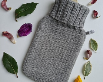 Light Grey Hand Knitted Hot Water Bottle Cover in Alpaca Wool Blend Cosy Gift