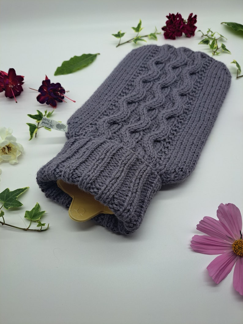 Hand Knitted Hot Water Bottle Cover in Medium Purple with Wave Cable Design Wool Alpaca Blend image 5