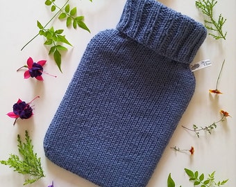 Medium Blue Hand Knitted Hot Water Bottle Cover in Alpaca Wool Blend Yarn