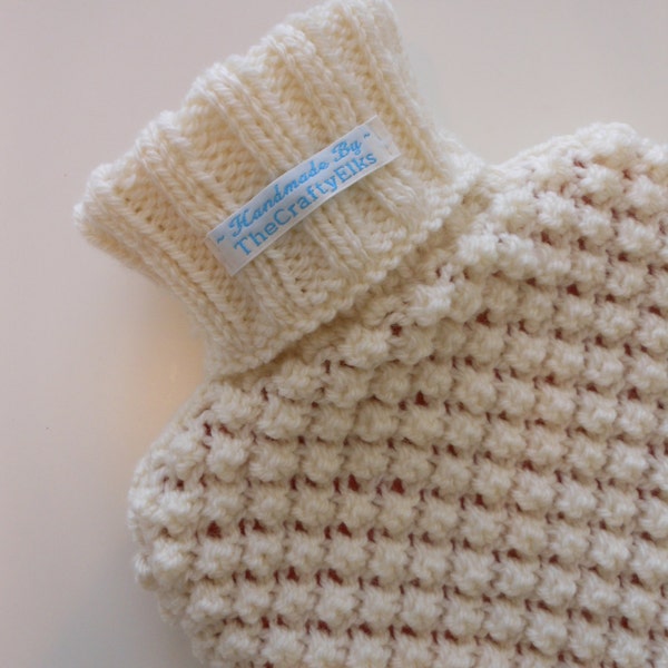 Hand Knitted Hot Water Bottle Cover (Cosy) in Cream