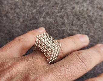 Silver geometrical statement ring with squares design in 4 layers