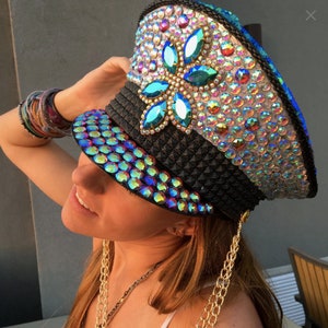 CUSTOM Burning Man Hut, Kapitänshut, Festival Outfit, Hochzeitshut, Kostüm Hut, Braut Hut, Militär Hut mit Edelsteinen und Kristallen