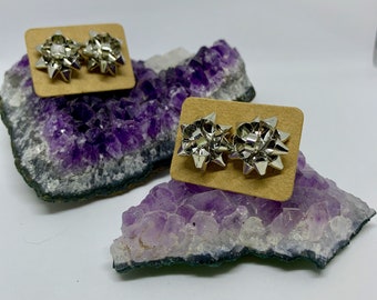 Gift Bow Stud Earrings, Silver Tone, Holiday Jewelry