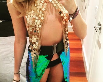 ON SALE Chain Bra, Festival Chain Bra, Gold Chain Bra, Coin Bra, Coin Top, Chain Coin Bra, Metal Bra, Silver Coin Bra, Chain Halter