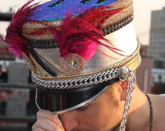 Marching Band Hat, Custom Band Hat, Burner Fashion Hat, Feather Hat, Festival Hat, Burner Style Hat, Majorette, Burning Man Hat