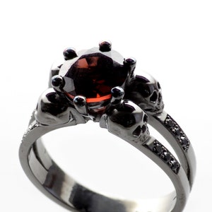 Gothic Skull Ring - LILITH - Black Gold with Blood Red Garnet and Black Diamonds