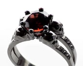 LILITH Black Gold Skull Ring Dark Engagement, Black Diamonds, Memento Mori Morbid Blood Garnet Ring Coloured Gold Non-traditional Wedding