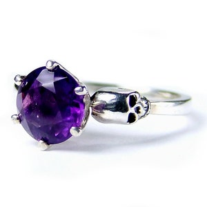 Dainty Skull Ring WANDA - Solid Sterling and Natural Gemstone, Non-traditional, Memento Mori, Pisces Birthstone