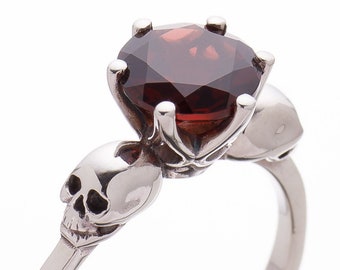 Detailed Skull Ring WANDA with Blood Red Garnet, All Sizes