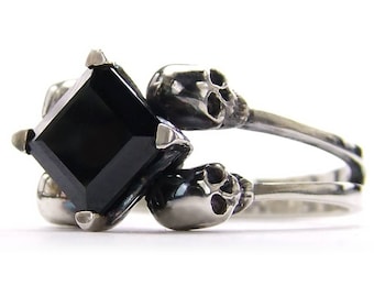 Skull Engagement Ring with black Gemstone - ZORYA - Memento Mori Adornment by KIPKALINKA