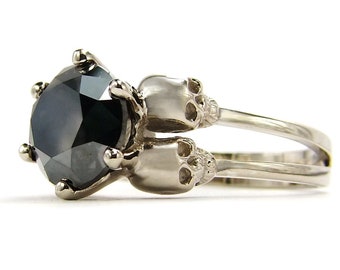 VARLA - Skull Ring with 3ct Black Diamond in Solid 14k White Gold